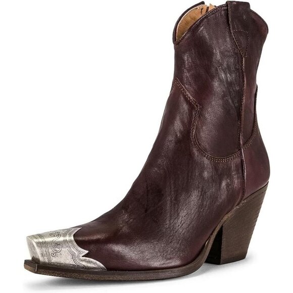 Women's Brown Western Cowgirl Ankle Boots Stacked Block Heel Steel Toe Heeled - Picture 4 of 7